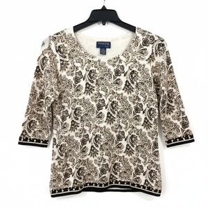 Country Shop Silk Paisley Blouse Medium Black Beige Tan‎ Beaded 3/4 Sleeve Top